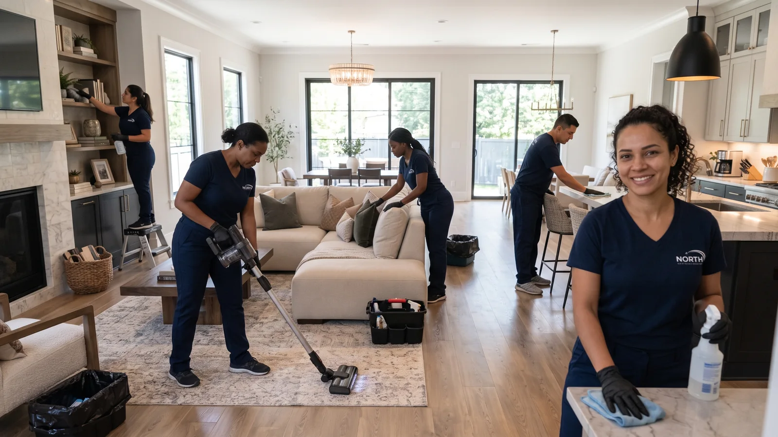 Cleaning crew in navy NORTH uniforms vacuuming, dusting and wiping surfaces in a bright open-plan living room