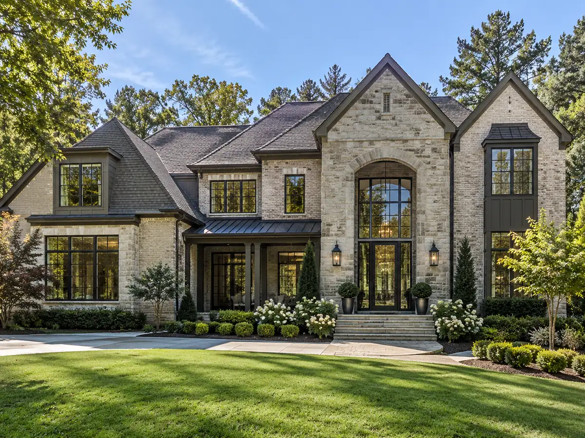 Two-storey brick and stone home with a manicured front lawn on a sunny day