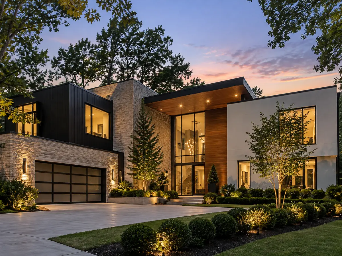 Modern two-storey home lit at dusk with a landscaped driveway