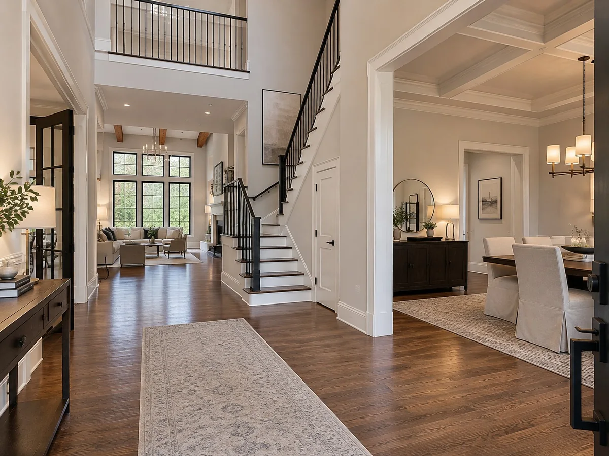 Entry hall with a staircase, hardwood floors and a view through to the living room