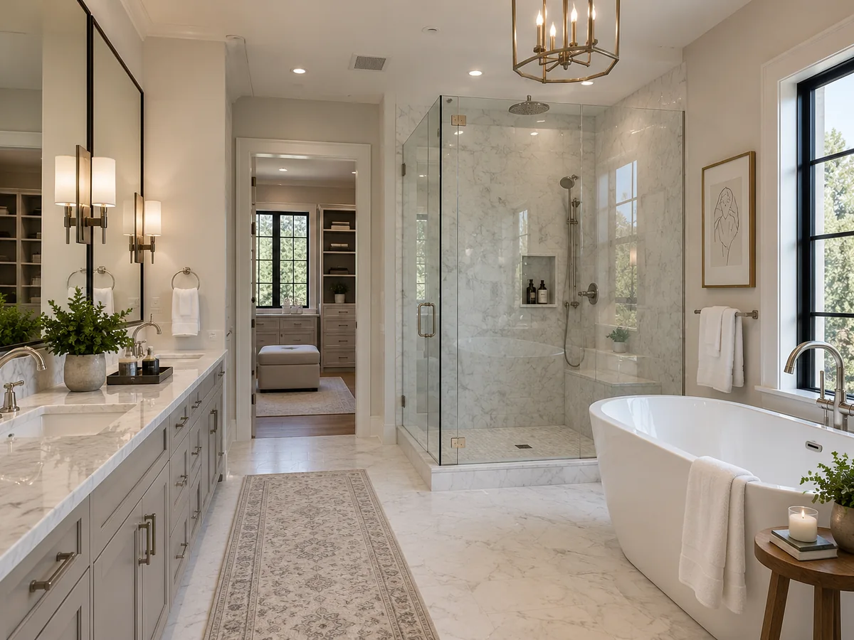 Marble master bathroom with a double vanity, a glass walk-in shower and a freestanding tub