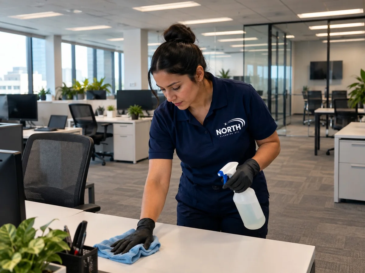 Person in a navy North Cleaning uniform wiping a desk in an open-plan office