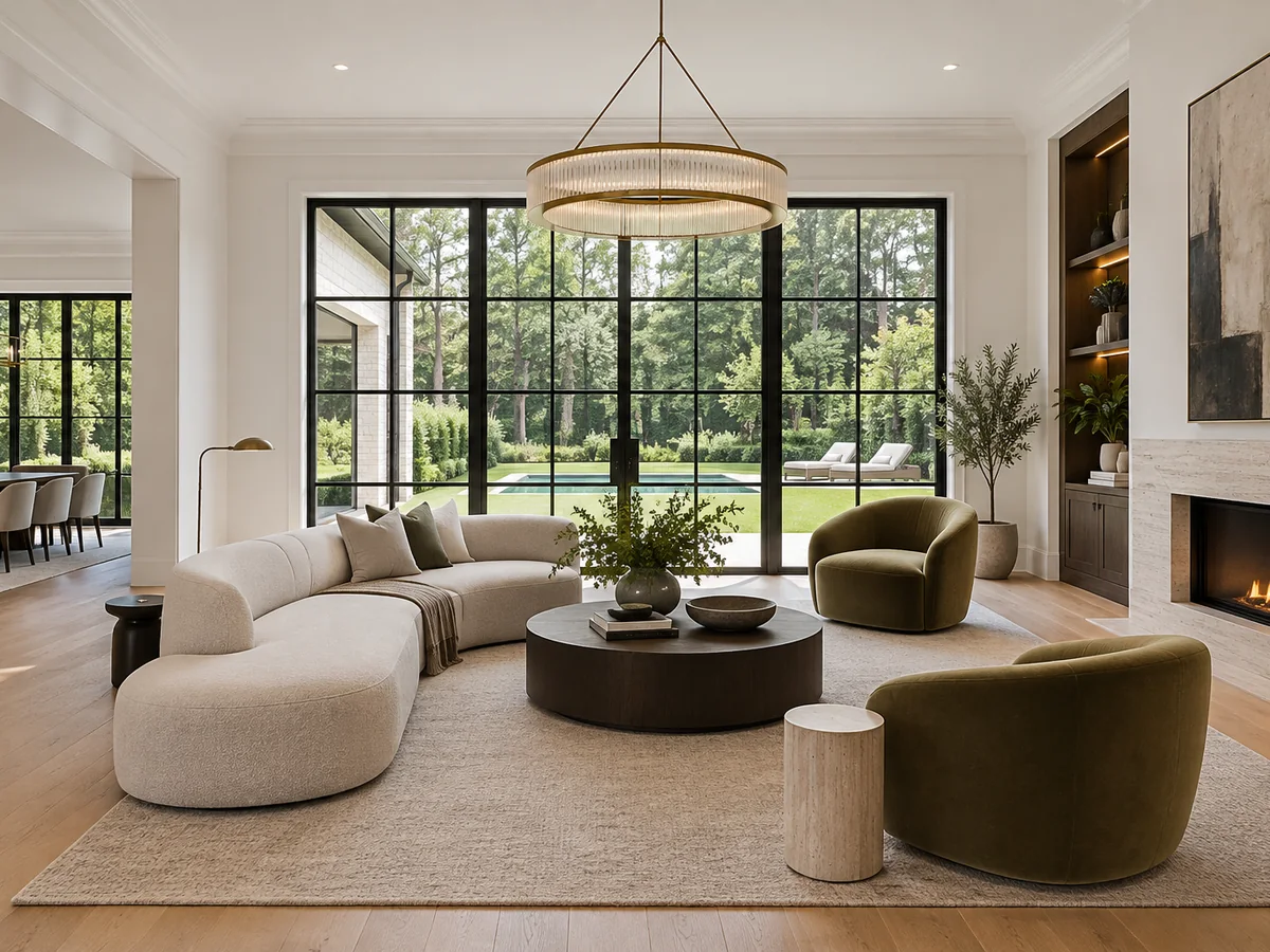 Spacious living room with floor-to-ceiling windows and a linear fireplace