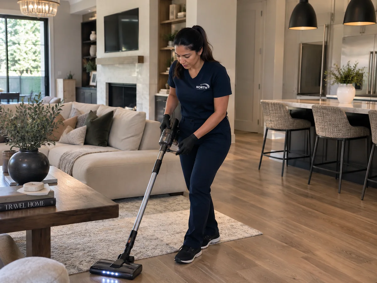 Person in a navy North Cleaning uniform vacuuming a rug in an open-plan living room