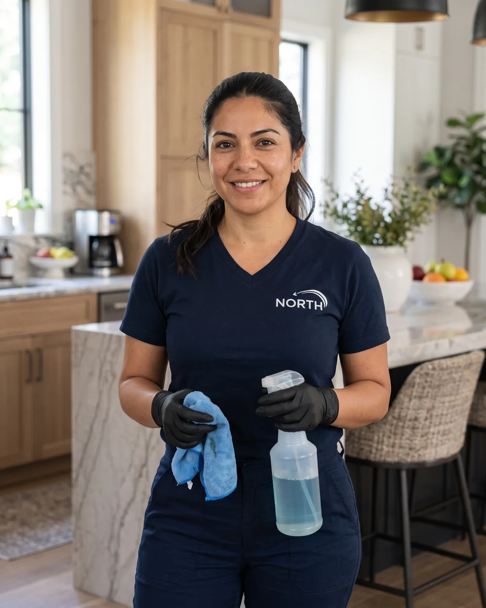 Smiling cleaning professional in a navy NORTH uniform holding a microfiber cloth and a spray bottle in a bright kitchen