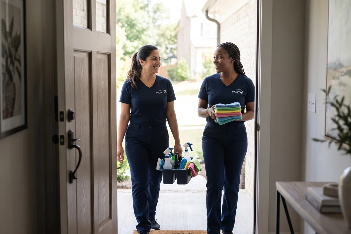 Two cleaning professionals in navy NORTH uniforms arriving at a client's front door with supplies