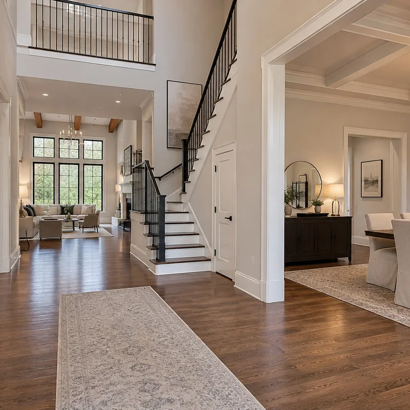 Entry hall with a staircase, hardwood floors and a view through to the living room