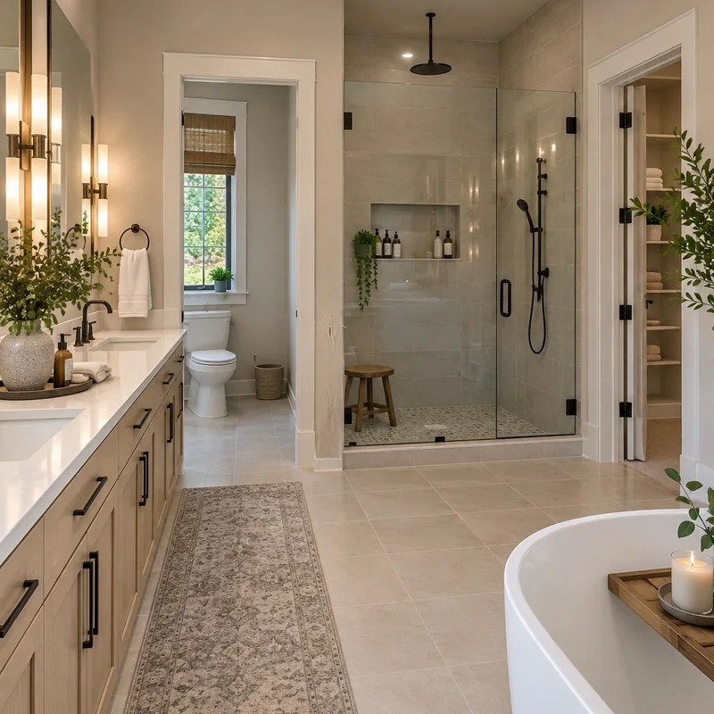 Bathroom and dressing corridor with a long vanity and a glass shower
