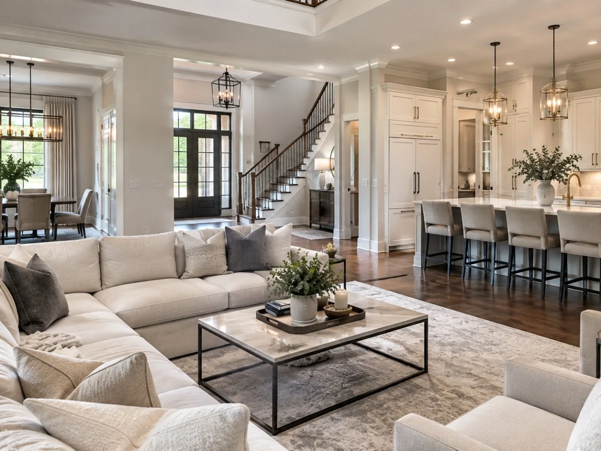 Open-plan living room and kitchen with a staircase and tall windows