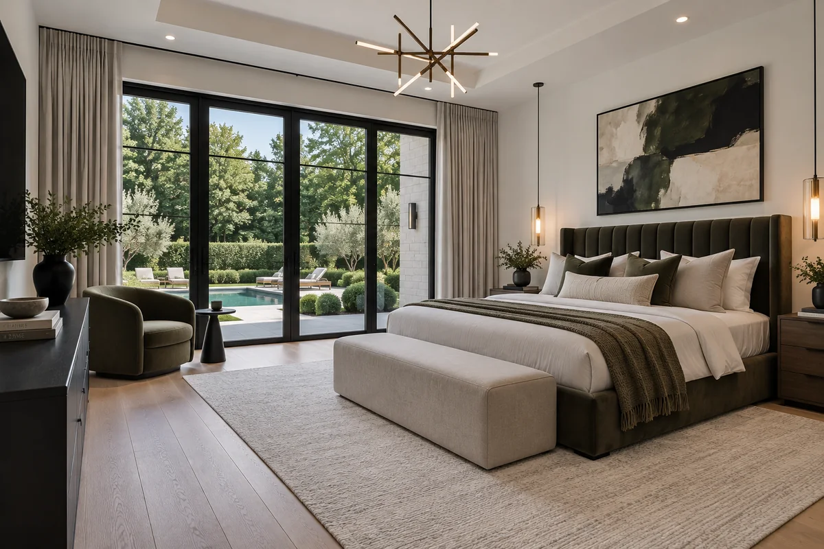 Master bedroom with sliding glass doors opening onto a garden