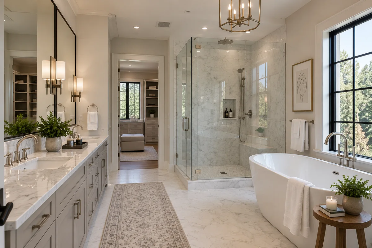 Marble master bathroom with a double vanity, a glass walk-in shower and a freestanding tub