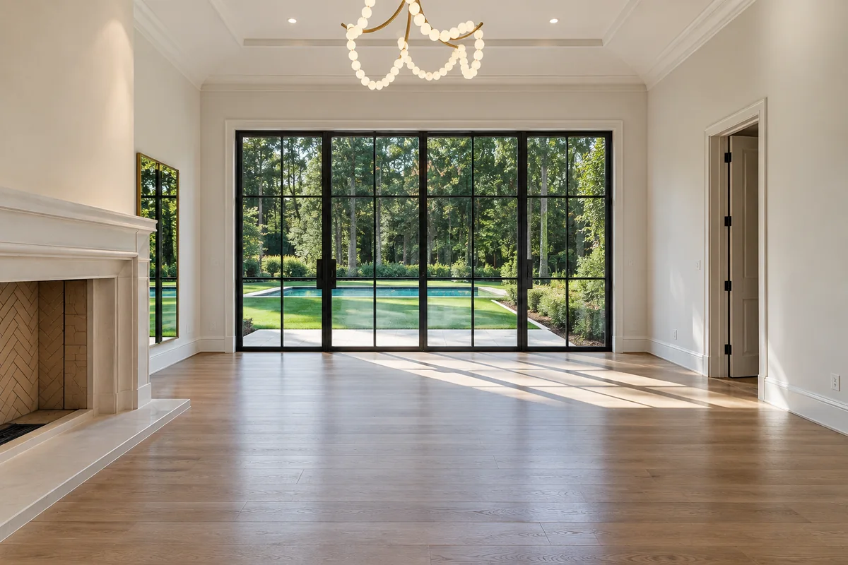 Empty room with hardwood floors and tall windows, ready for move-in