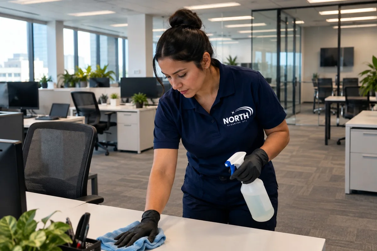Person in a navy North Cleaning uniform wiping a desk in an open-plan office