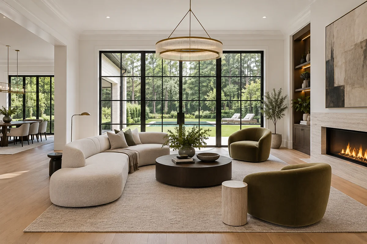 Spacious living room with floor-to-ceiling windows and a linear fireplace