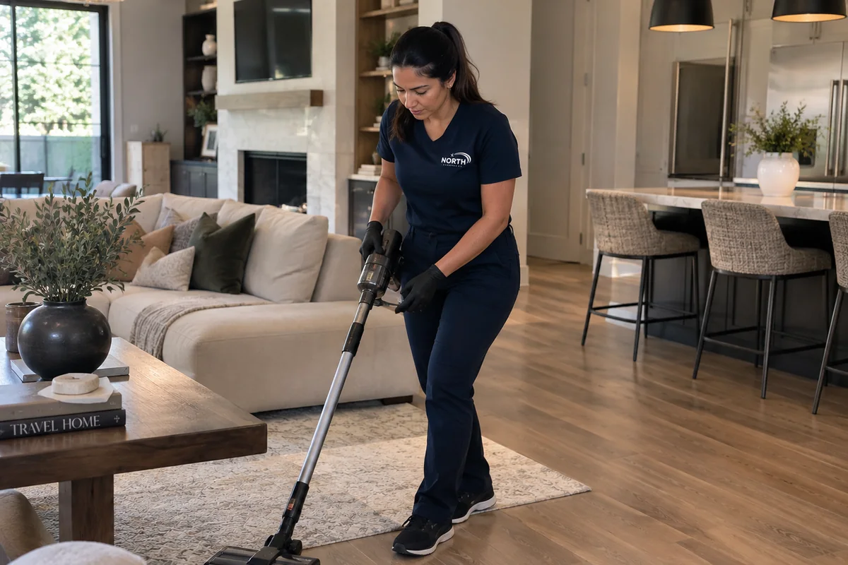 Person in a navy North Cleaning uniform vacuuming a rug in an open-plan living room