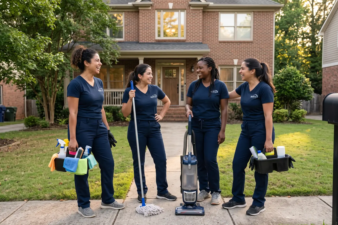 Four cleaning professionals in navy NORTH uniforms with supplies, a mop and a vacuum in front of a brick home