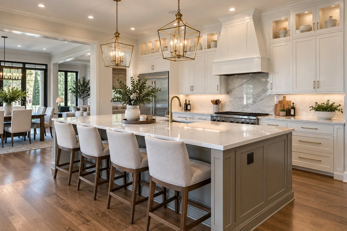 Open kitchen with a large island, bar stools and pendant lighting