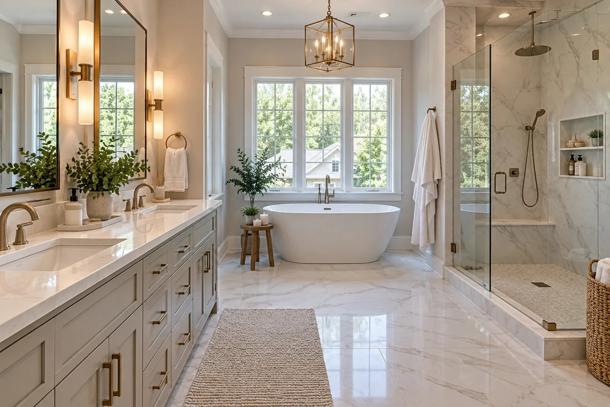Bright bathroom with a freestanding tub, a glass shower and a double vanity