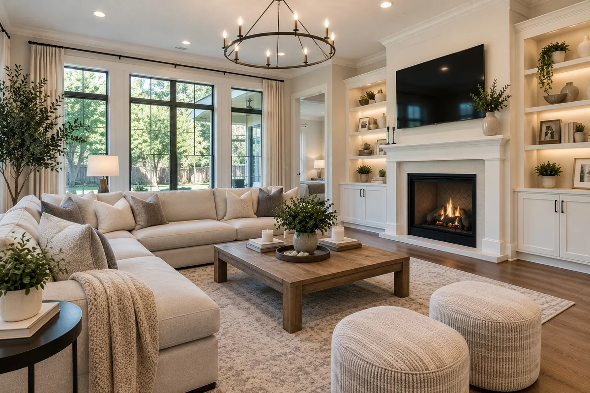 Living room with a lit fireplace, built-in shelving and a large sectional sofa