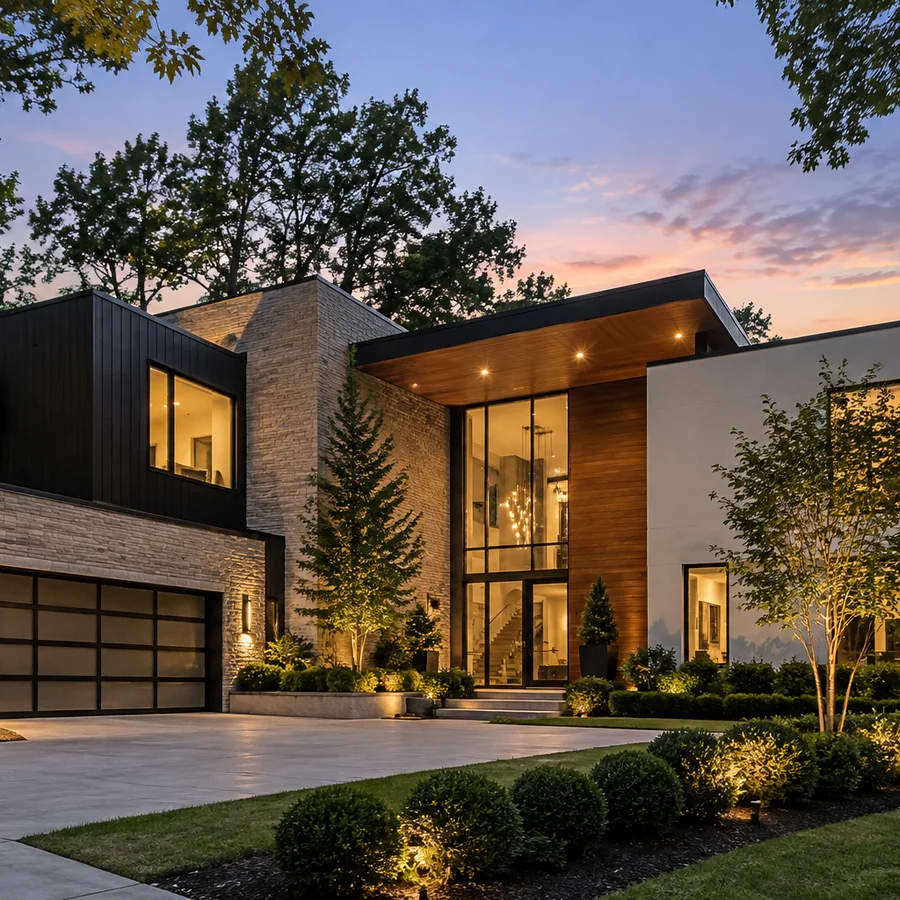 Modern two-storey home lit at dusk with a landscaped driveway