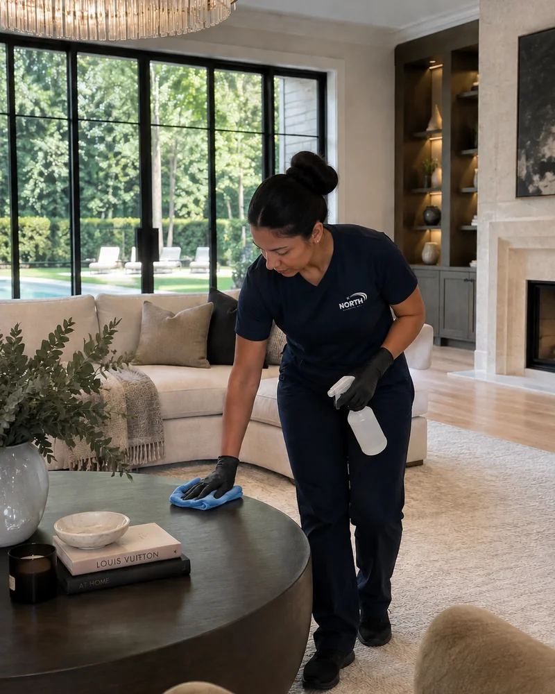 Person in a navy North Cleaning uniform wiping a low table in a living room