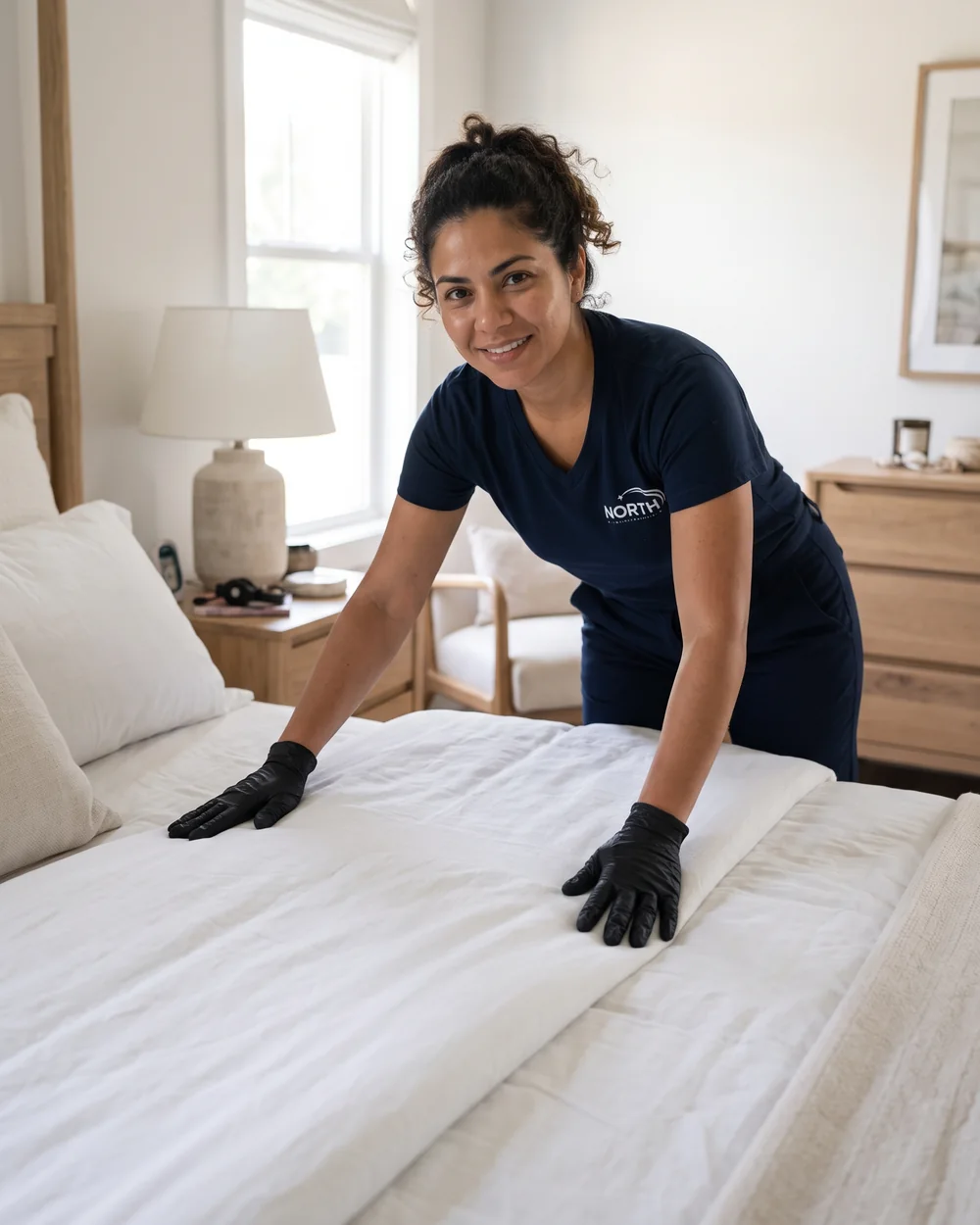 Cleaning professional in a navy NORTH uniform making a bed with fresh white linens